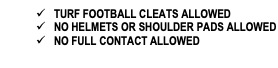 Text Box: ü	NON-METAL FOOTBALL CLEATS ALLOWED ü	NO HELMETS OR SHOULDER PADS ALLOWED ü	NO FULL CONTACT ALLOWED 